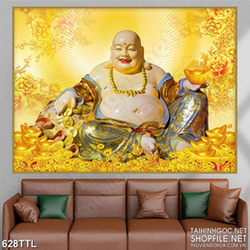 Tranh in treo tết Phật Di Lặc bên núi kim tiền