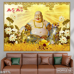 Tranh Phật Di Lặc hồ sen trắng giả ngọc in 3d