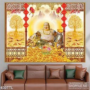 Tranh in canvas Phật Di Lặc bên câu đối đỏ