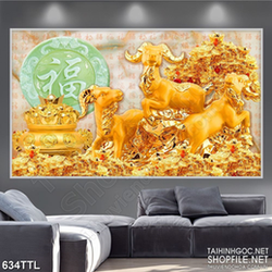Tranh decor đàn dê trên núi bên chữ phúc giả ngọc