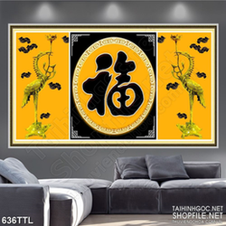 Tranh chữ phúc in nổi trên nền mai vàng treo tường