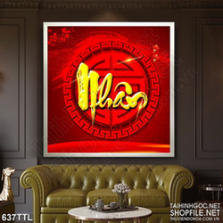 Tranh tài lộc chữ nhân dáp vàng trên nền hoa đào