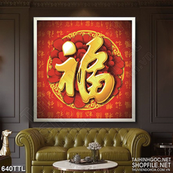 Tranh in canvas chữ phúc trên nền hoa mẫu đơn