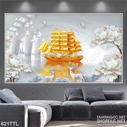 Tranh psd con tàu căng buồm trên biển bạc giả ngọc