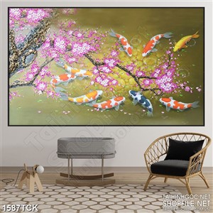 Tranh gốc cây đào nở trên đàn cá koi sơn dầu in canvas Tranh gốc cây đào nở trên đàn cá koi sơn dầu in canvas