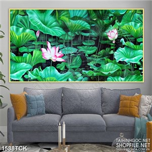 Tranh sơn dầu hoa sen sơn dầu phủ kín màu lá xanh in 3d Tranh sơn dầu hoa sen sơn dầu phủ kín màu lá xanh in 3d