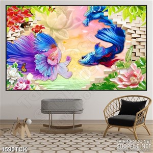 Tranh đôi cá sim betta bên hồ sen giả ngọc in treo tường Tranh đôi cá sim betta bên hồ sen giả ngọc in treo tường