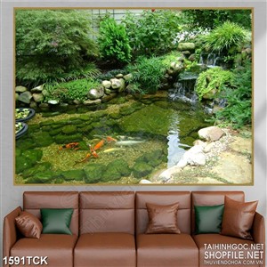 Tranh sơn dầu cá koi nhỏ trong khu vườn in dán tường Tranh sơn dầu cá koi nhỏ trong khu vườn in dán tường