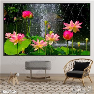 Tranh hồ hoa sen sơn dầu trong đêm mưa gió trang trí Tranh hồ hoa sen sơn dầu trong đêm mưa gió trang trí