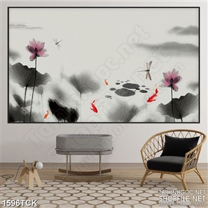 Tranh sơn dầu đầm sen bên đàn cá chép  in canvas Tranh sơn dầu đầm sen bên đàn cá chép  in canvas