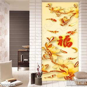 Tranh in treo tường đàn có koi bơi bên chữ phúc sơn dầu Tranh in treo tường đàn có koi bơi bên chữ phúc sơn dầu