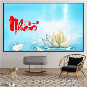 Tranh sơn dầu bông sen trắng bên chữ nhẫn in dán tường Tranh sơn dầu bông sen trắng bên chữ nhẫn in dán tường