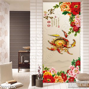 Tranh decor sơn dầu đàn cá koi bên vườn hoa mẫu đơn Tranh decor sơn dầu đàn cá koi bên vườn hoa mẫu đơn