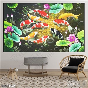 Tranh mưa rơi trên mặt hồ cá koi sơn dầu in treo tường Tranh mưa rơi trên mặt hồ cá koi sơn dầu in treo tường