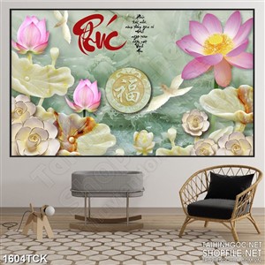 Tranh in canvas đầm sen giả ngọc bên chữ phúc sơn dầu Tranh in canvas đầm sen giả ngọc bên chữ phúc sơn dầu