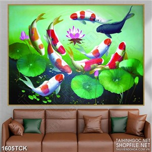 Tranh sơn dầu đàn cá koi bên bông sen hồng in 3d Tranh sơn dầu đàn cá koi bên bông sen hồng in 3d