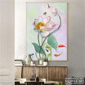 Tranh psd bông sen hồng nở rộ bên đàn cá chép sơn dầu Tranh psd bông sen hồng nở rộ bên đàn cá chép sơn dầu