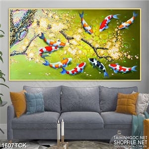 Tranh in treo tường đàn cá koi sơn dầu bên cành mai vàng Tranh in treo tường đàn cá koi sơn dầu bên cành mai vàng