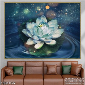 Tranh sơn dầu hoa sen cô đơn trong đêm trăng dán tường Tranh sơn dầu hoa sen cô đơn trong đêm trăng dán tường