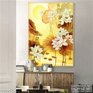 Tranh decor đầm hoa sen sơn dầu bên ánh trăng dáp vàng Tranh decor đầm hoa sen sơn dầu bên ánh trăng dáp vàng