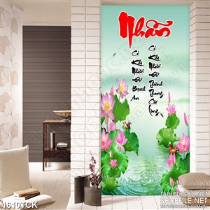 Tranhsơn dầu hoa sen và cá chép bên chữ nhẫn trang trí Tranhsơn dầu hoa sen và cá chép bên chữ nhẫn trang trí