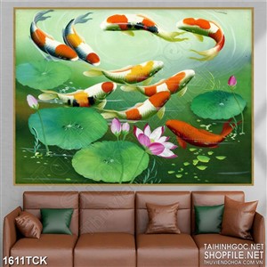 Tranh sơn dầu cá koi bơi trong hồ sen in uv treo tường Tranh sơn dầu cá koi bơi trong hồ sen in uv treo tường