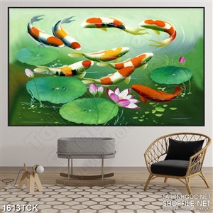Tranh nghệ thuật sơn dầu đàn cá koi bên đầm sen hồng Tranh nghệ thuật sơn dầu đàn cá koi bên đầm sen hồng