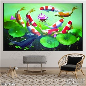 Tranh sơn dầu cá koi trong mặt hồ sen hồng in 3d Tranh sơn dầu cá koi trong mặt hồ sen hồng in 3d