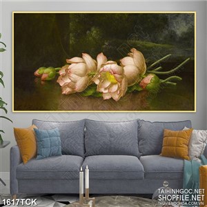 Tranh sơn dầu treo tường những bông sen nằm trong rừng Tranh sơn dầu treo tường những bông sen nằm trong rừng