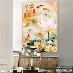 Tranh sơn dầu hoa sen bên cá chép giả ngọc in dán tường Tranh sơn dầu hoa sen bên cá chép giả ngọc in dán tường