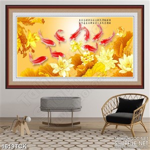 Tranh decor sơn dầu cá chép bên hồ sen dáp vàng Tranh decor sơn dầu cá chép bên hồ sen dáp vàng