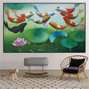 Tranh sơn dầu cá koi và hồ sen đầy lá xanh in canvas Tranh sơn dầu cá koi và hồ sen đầy lá xanh in canvas