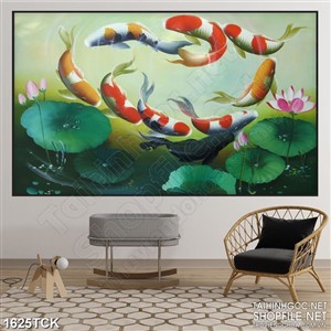 Tranh psd sơn dầu cá koi tung tăng trong hồ sen hồng Tranh psd sơn dầu cá koi tung tăng trong hồ sen hồng