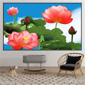 Tranh  sơn dầu hoa sen dưới bầu trời xanh in treo tường Tranh  sơn dầu hoa sen dưới bầu trời xanh in treo tường