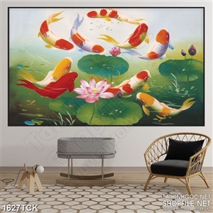 Tranh in dán tường sơn dầu cá koi bơi lội trong đầm sen Tranh in dán tường sơn dầu cá koi bơi lội trong đầm sen