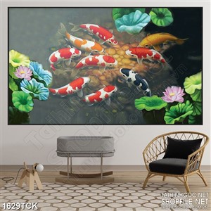 Tranh trang trí sơn dầu cá koi bơi trong đầm sen đầy lá Tranh trang trí sơn dầu cá koi bơi trong đầm sen đầy lá