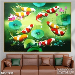Tranh sơn dầu cá koi trong đầm sen xanh màu lá in 3d Tranh sơn dầu cá koi trong đầm sen xanh màu lá in 3d