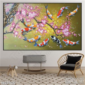 Tranh in treo tường cây đào trên mặt hồ cá koi sơn dầu Tranh in treo tường cây đào trên mặt hồ cá koi sơn dầu