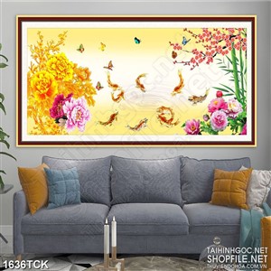 Tranh sơn dầu cá chép bên hoa mẫu đơn in dán tường Tranh sơn dầu cá chép bên hoa mẫu đơn in dán tường