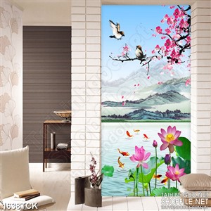 Tranh sơn dầu trang trí cành hoa đào trên mặt hồ cá chép Tranh sơn dầu trang trí cành hoa đào trên mặt hồ cá chép