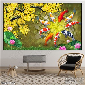 Tranh nghệ thuật mai vàng nở rộ trên mặt hồ cá koi Tranh nghệ thuật mai vàng nở rộ trên mặt hồ cá koi