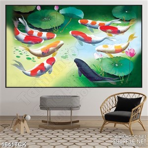 Tranh sơn dầu cá koi dưới những tán lá sen in canvas Tranh sơn dầu cá koi dưới những tán lá sen in canvas