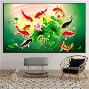 Tranh sơn dầu cá chép dưới những tán lá sen in 3d Tranh sơn dầu cá chép dưới những tán lá sen in 3d