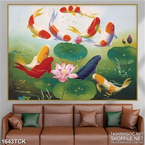 Tranh psd sơn dầu cá koi bên bông sen hồng trong hồ Tranh psd sơn dầu cá koi bên bông sen hồng trong hồ