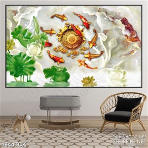 Tranh in treo tường sơn dầu cá chép bên đầm sen giả ngọc Tranh in treo tường sơn dầu cá chép bên đầm sen giả ngọc