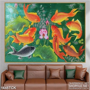Tranh sơn dầu cá chép và bông sen trong hồ in dán tường Tranh sơn dầu cá chép và bông sen trong hồ in dán tường