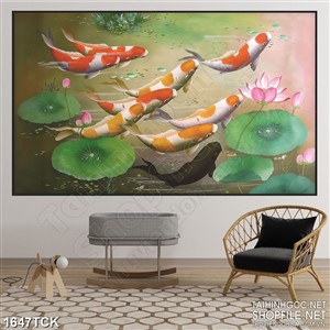 Tranh sơn dầu cá koi tung tăng trong hồ sen trang trí Tranh sơn dầu cá koi tung tăng trong hồ sen trang trí