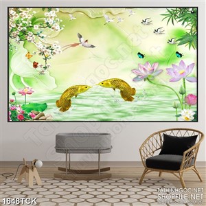 Tranh sơn dầu cá chép trong hồ sen giả ngọc nghệ thuật Tranh sơn dầu cá chép trong hồ sen giả ngọc nghệ thuật