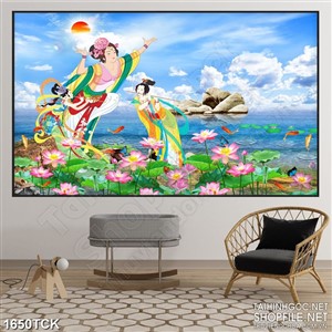 Tranh những nàng tiên trên hồ sen và cá chép in 3d Tranh những nàng tiên trên hồ sen và cá chép in 3d