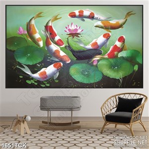 Tranh những chiếc lá sen bên đàn cá koi sơn dầu in uv Tranh những chiếc lá sen bên đàn cá koi sơn dầu in uv